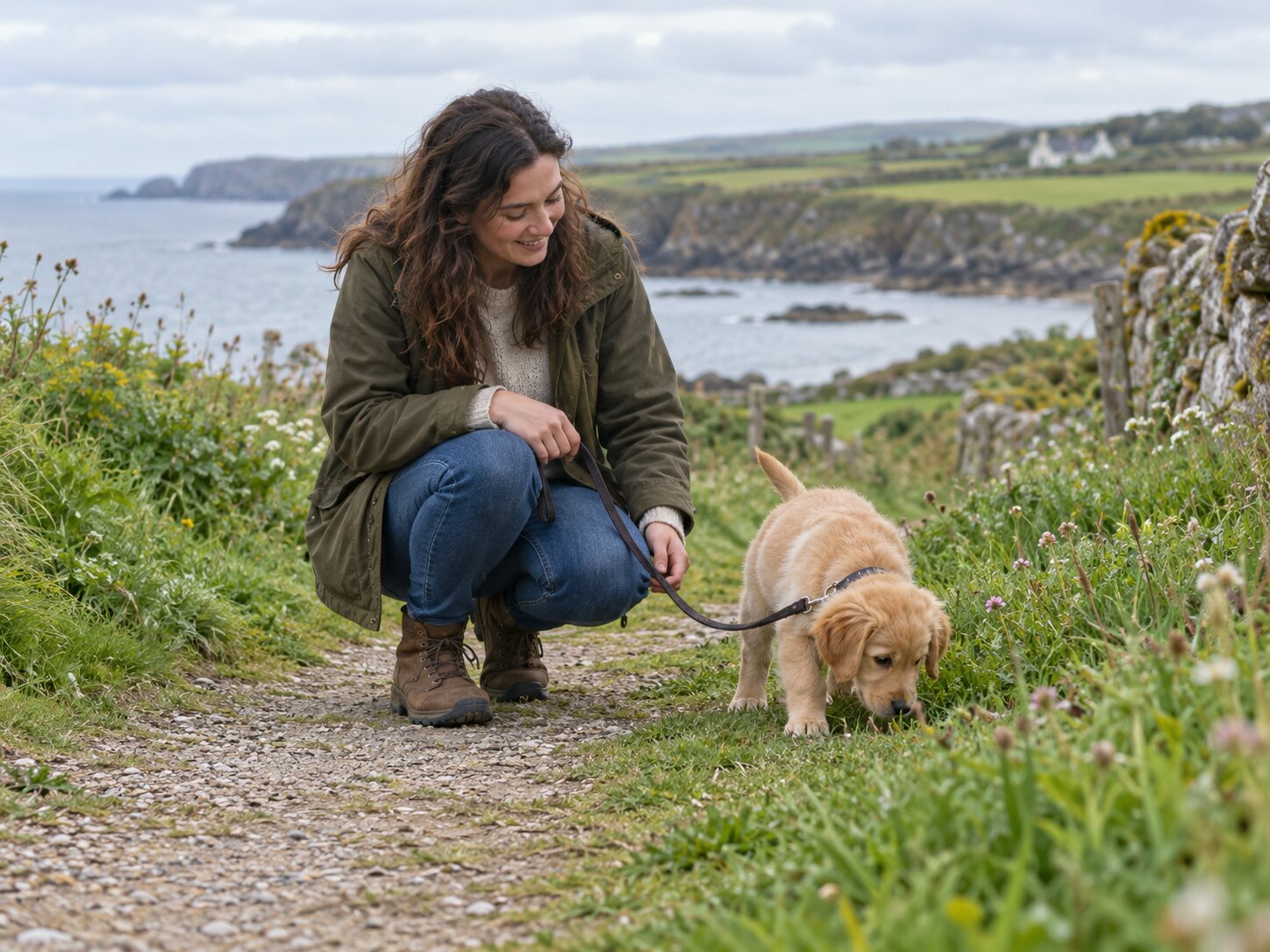 A person and puppy exploring together outdoors