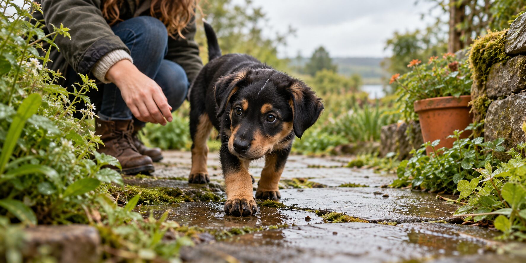 Young puppy exploring a garden path with an owner nearby