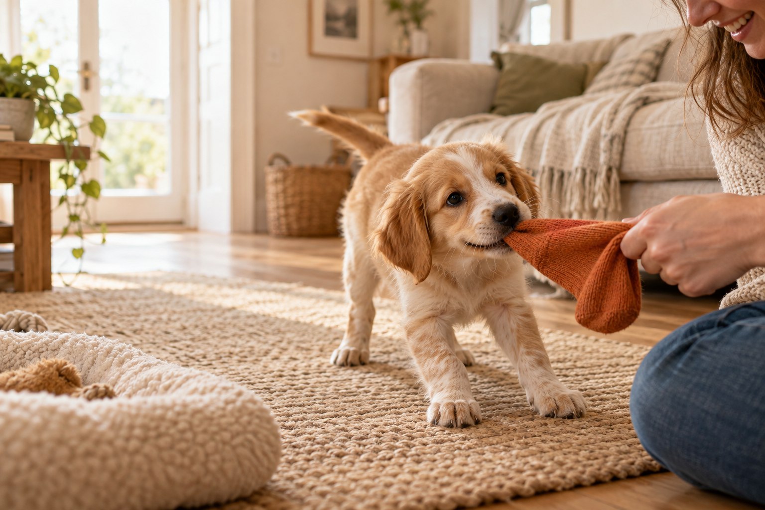 Puppy playing with an orange sock with a person at home